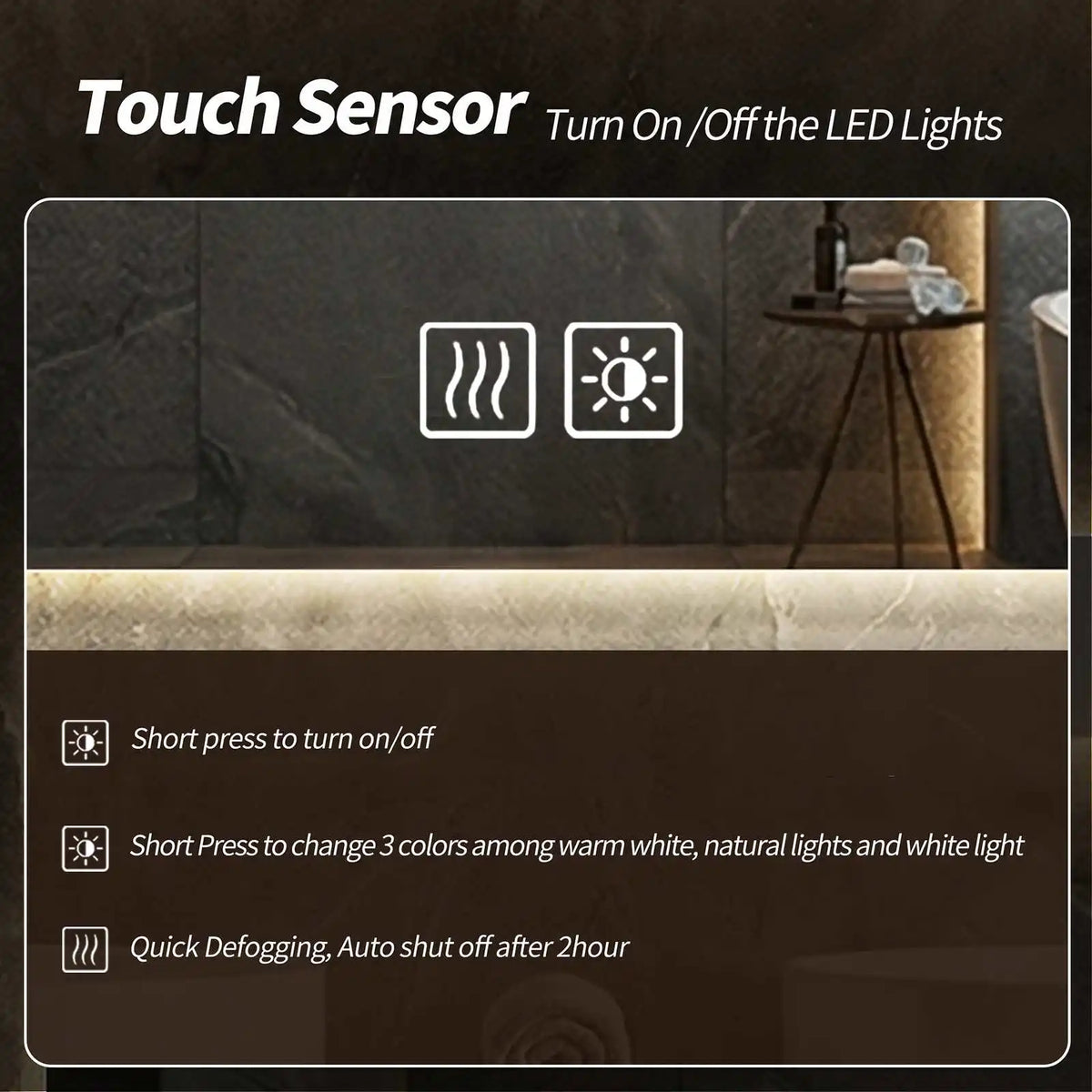 Miroir LED à cadre métal anti-buée – 3 couleurs, variateur tactile