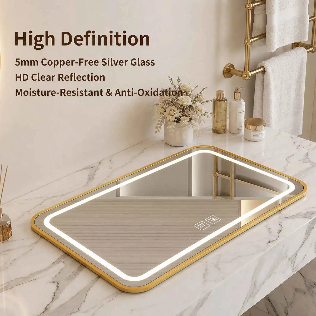Miroir LED à cadre métal anti-buée – 3 couleurs, variateur tactile