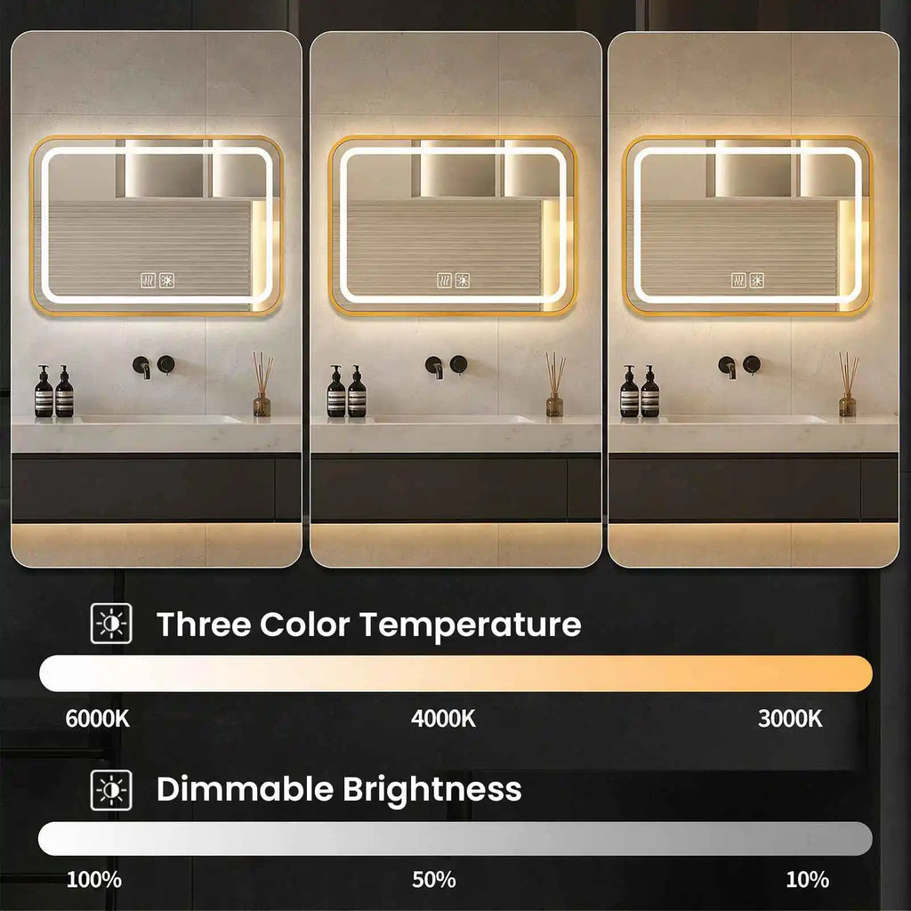 Miroir LED à cadre métal anti-buée – 3 couleurs, variateur tactile