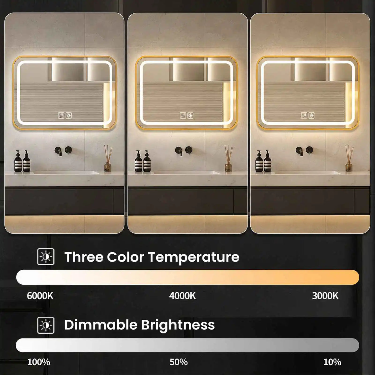 Miroir LED à cadre métal anti-buée – 3 couleurs, variateur tactile