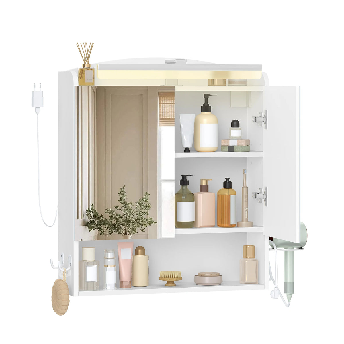 Armoire de toilette avec miroir et éclairage LED – prise intégrée, blanche