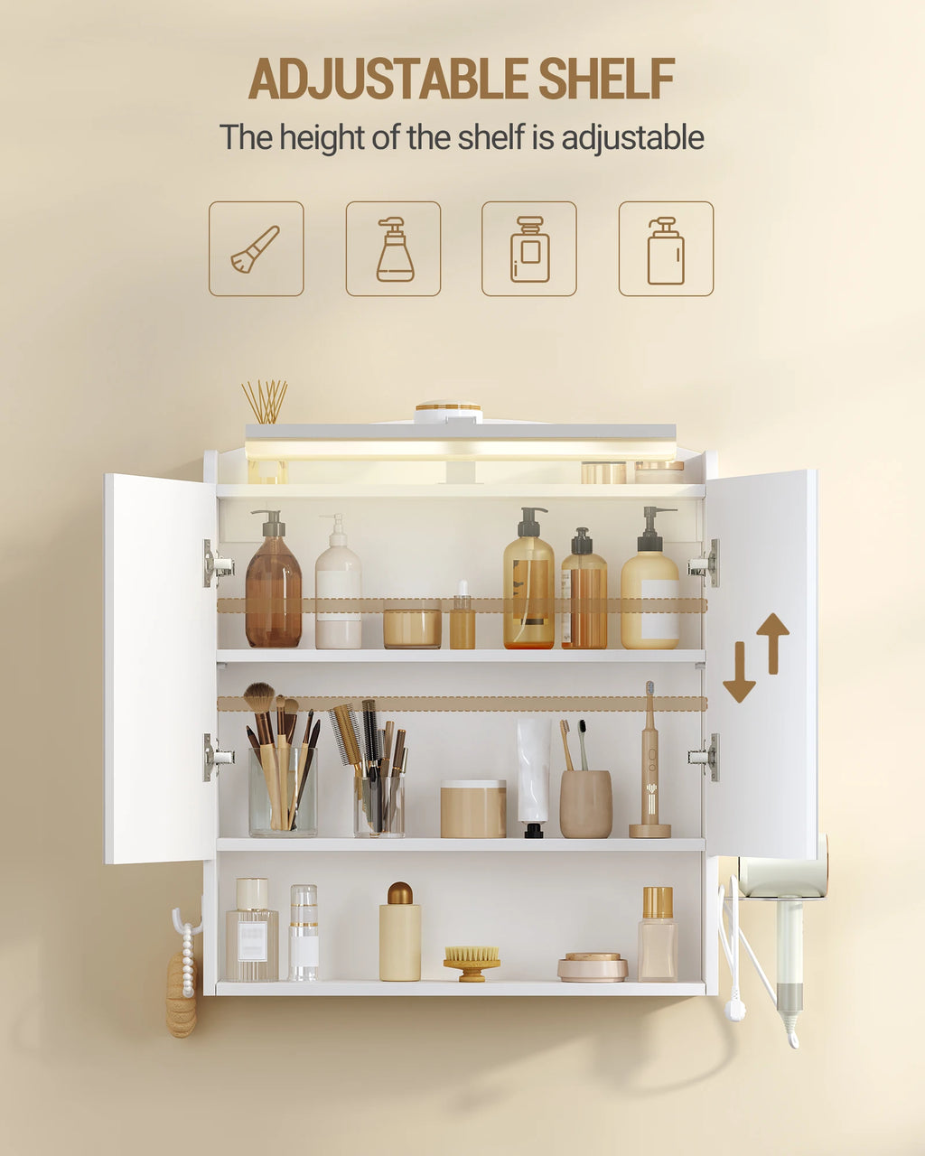 Armoire de toilette avec miroir et éclairage LED – prise intégrée, blanche