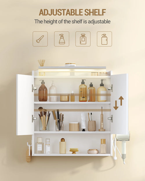 Armoire de toilette avec miroir et éclairage LED – prise intégrée, blanche