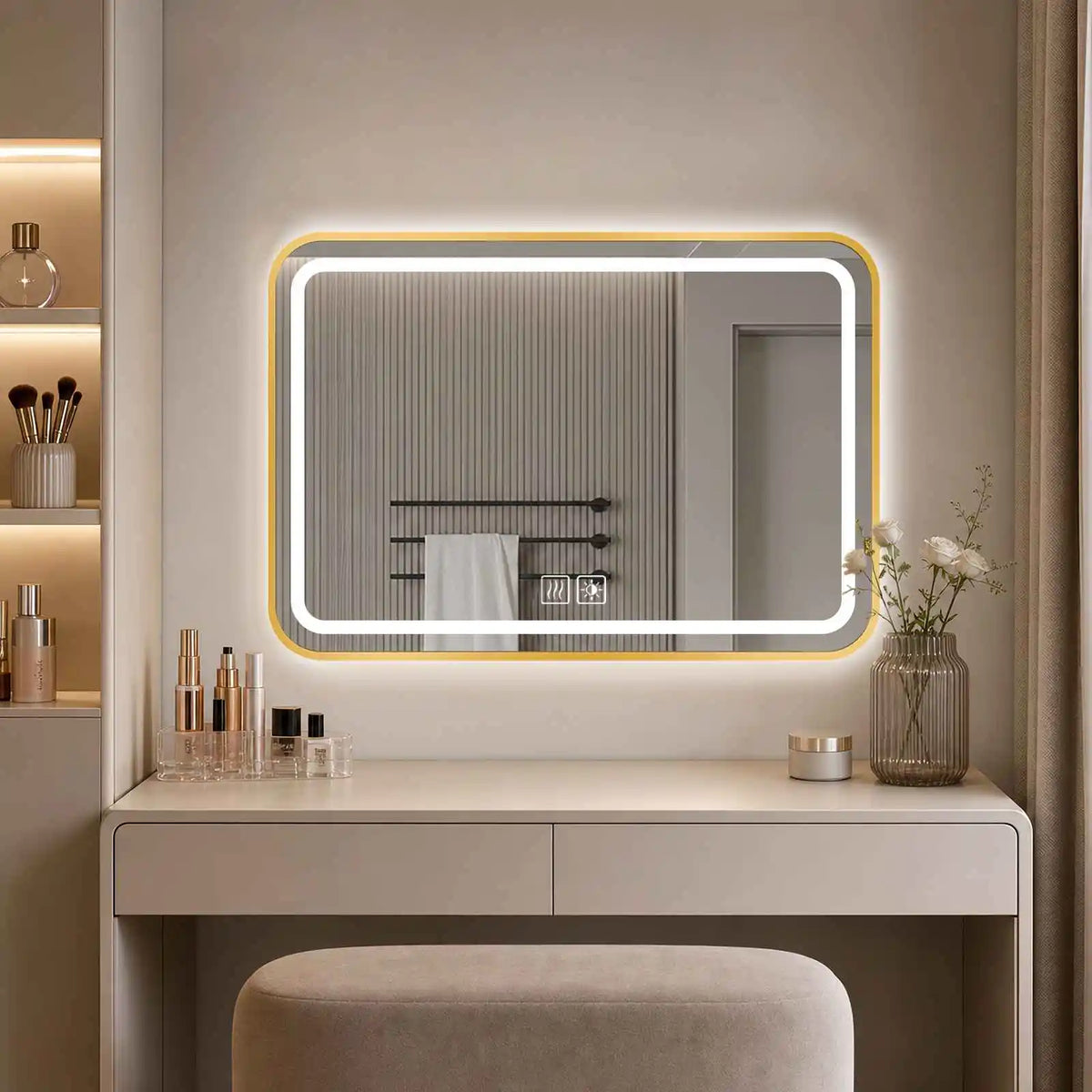 Miroir LED à cadre métal anti-buée – 3 couleurs, variateur tactile