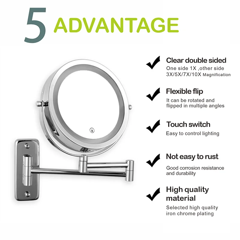 Miroir grossissant LED mural – bras extensible, x5 ou x10