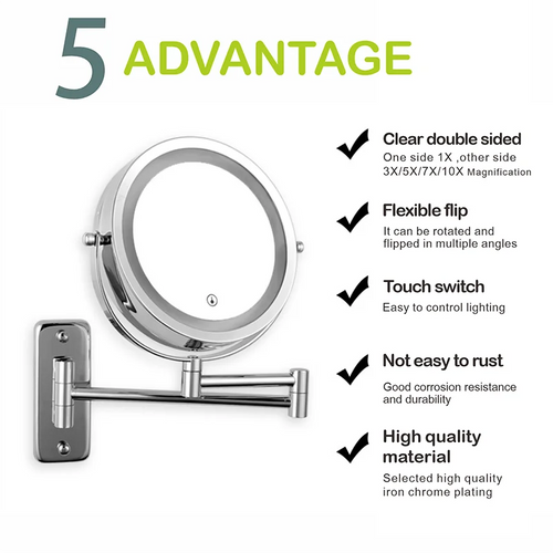 Miroir grossissant LED mural – bras extensible, x5 ou x10