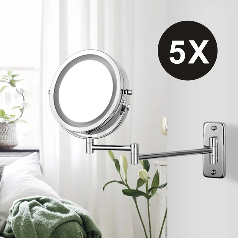 Miroir grossissant LED mural – bras extensible, x5 ou x10