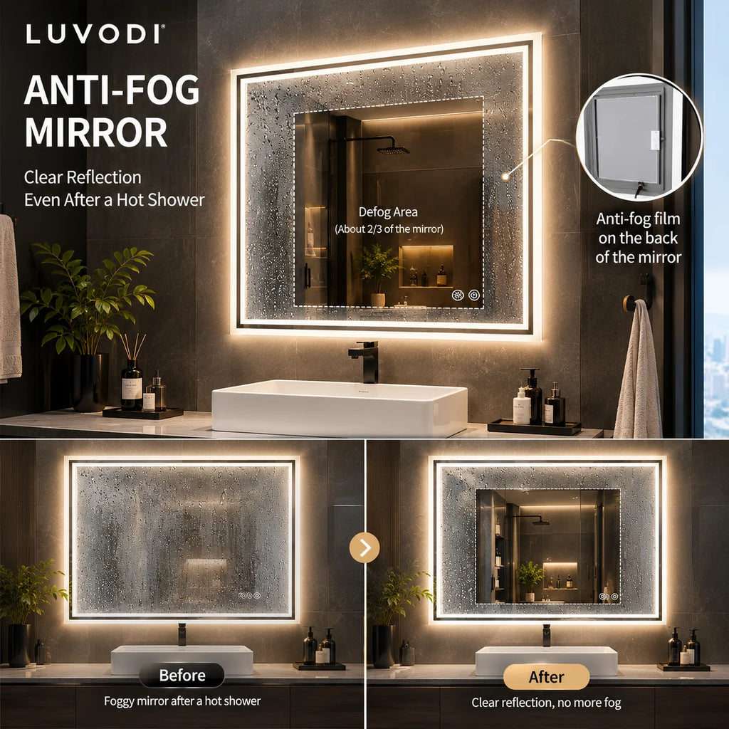 Miroir LED rétroéclairé anti-buée – sans cadre, 3 couleurs de lumière