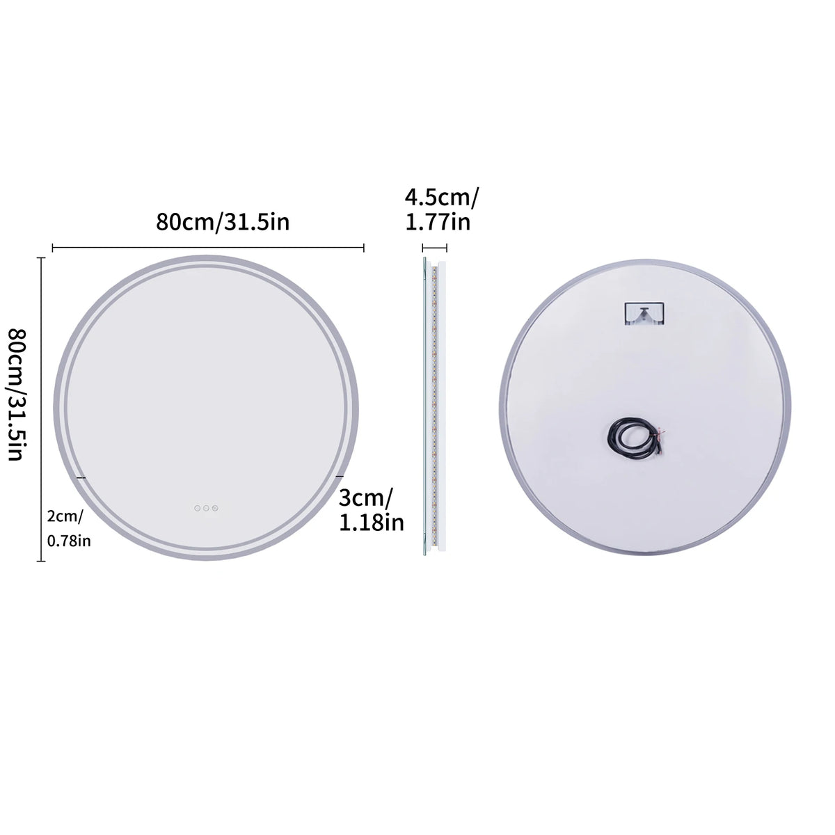 Miroir rond LED anti-buée – écran tactile, Ø 60 ou 80 cm