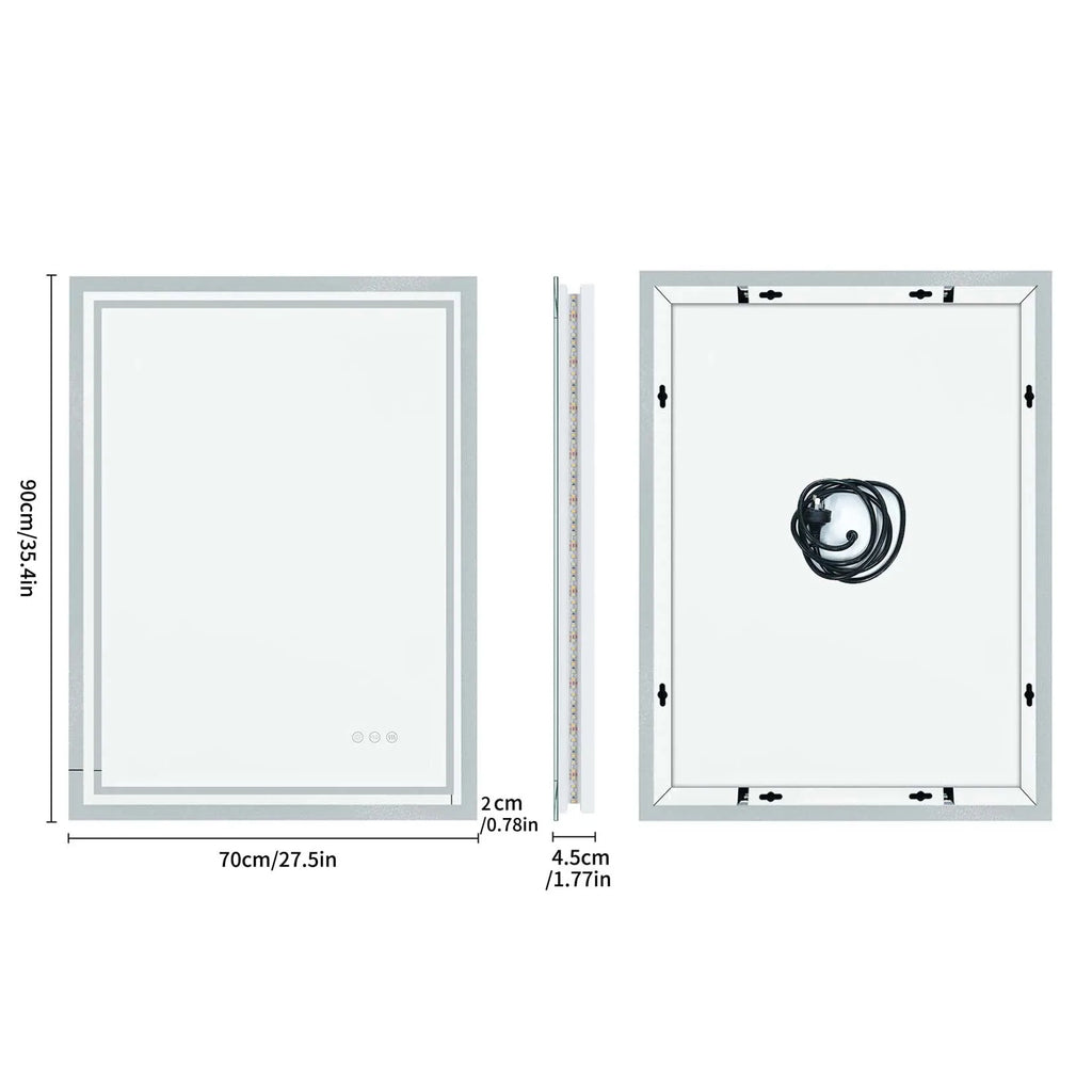 Miroir LED rectangulaire anti-buée – interrupteur tactile, 3 couleurs