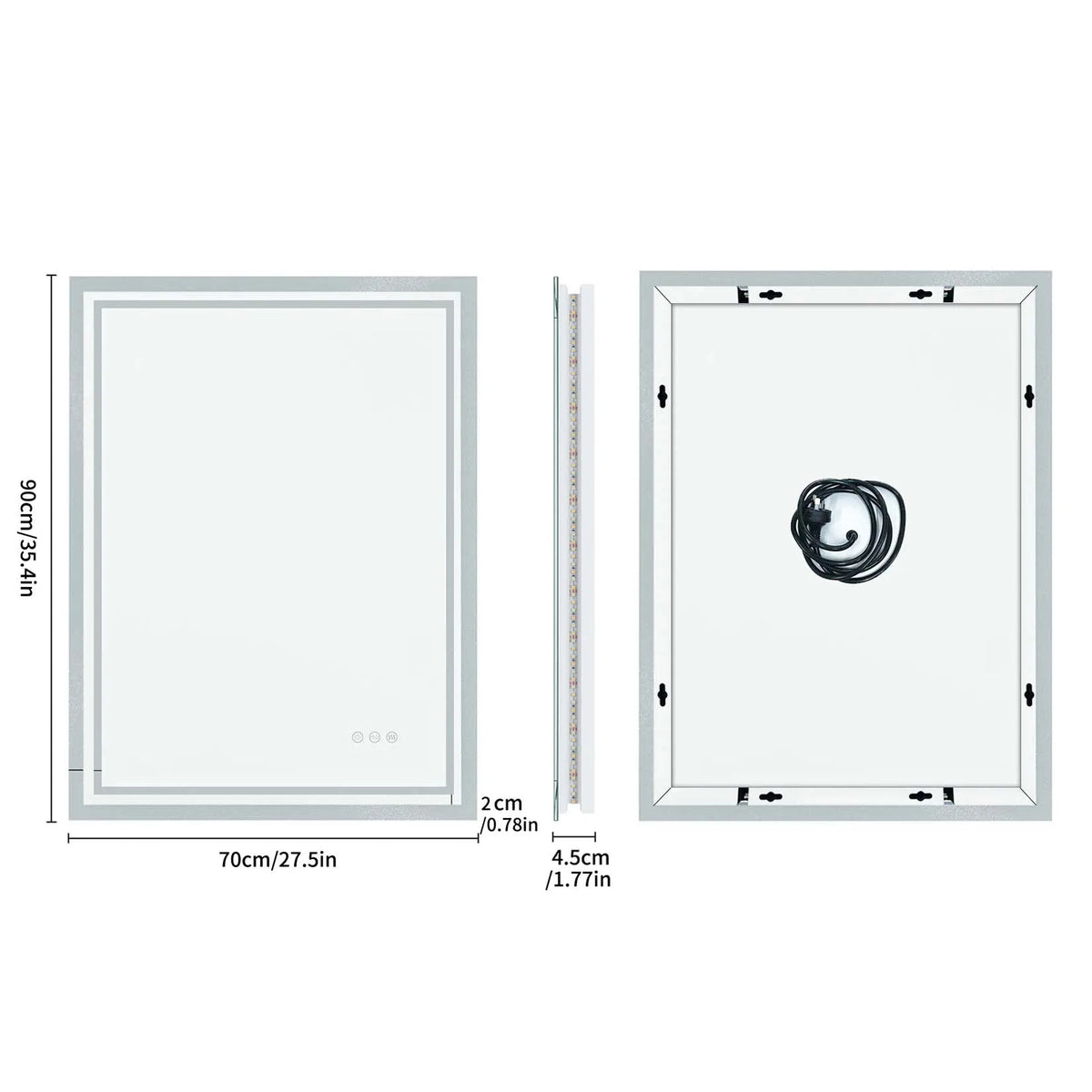 Miroir LED rectangulaire anti-buée – interrupteur tactile, 3 couleurs