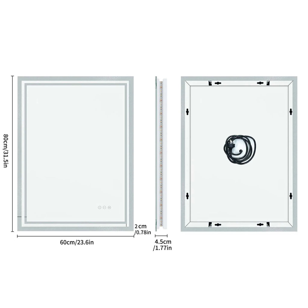 Miroir LED rectangulaire anti-buée – interrupteur tactile, 3 couleurs
