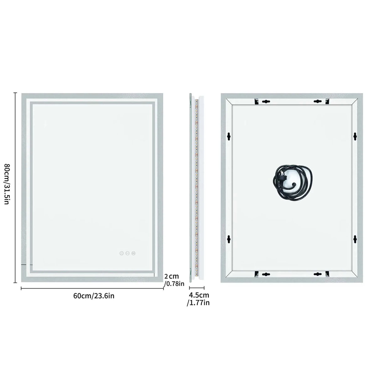 Miroir LED rectangulaire anti-buée – interrupteur tactile, 3 couleurs