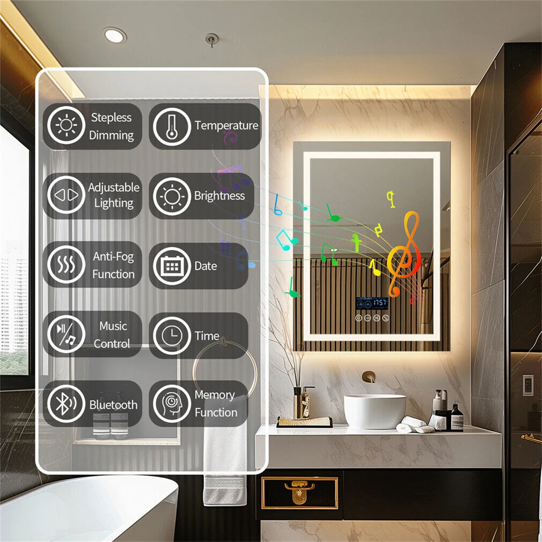 Miroir connecté LED – haut-parleur Bluetooth, horloge, anti-buée