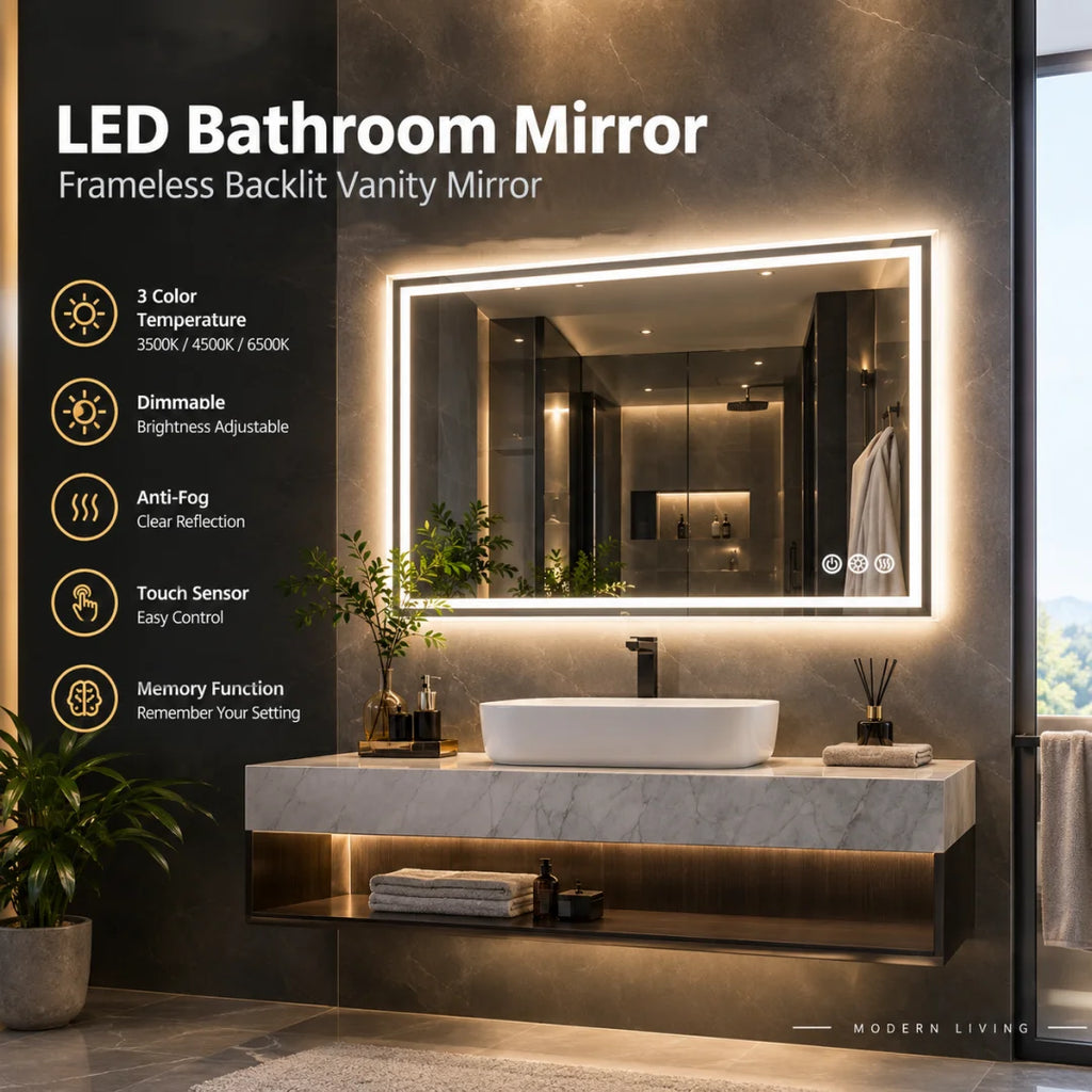 Miroir LED rétroéclairé anti-buée – sans cadre, 3 couleurs de lumière