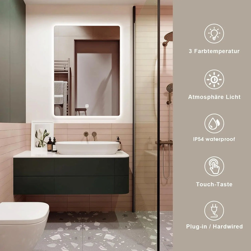 Miroir LED rétroéclairé 45 x 60 cm – tactile, 3 couleurs