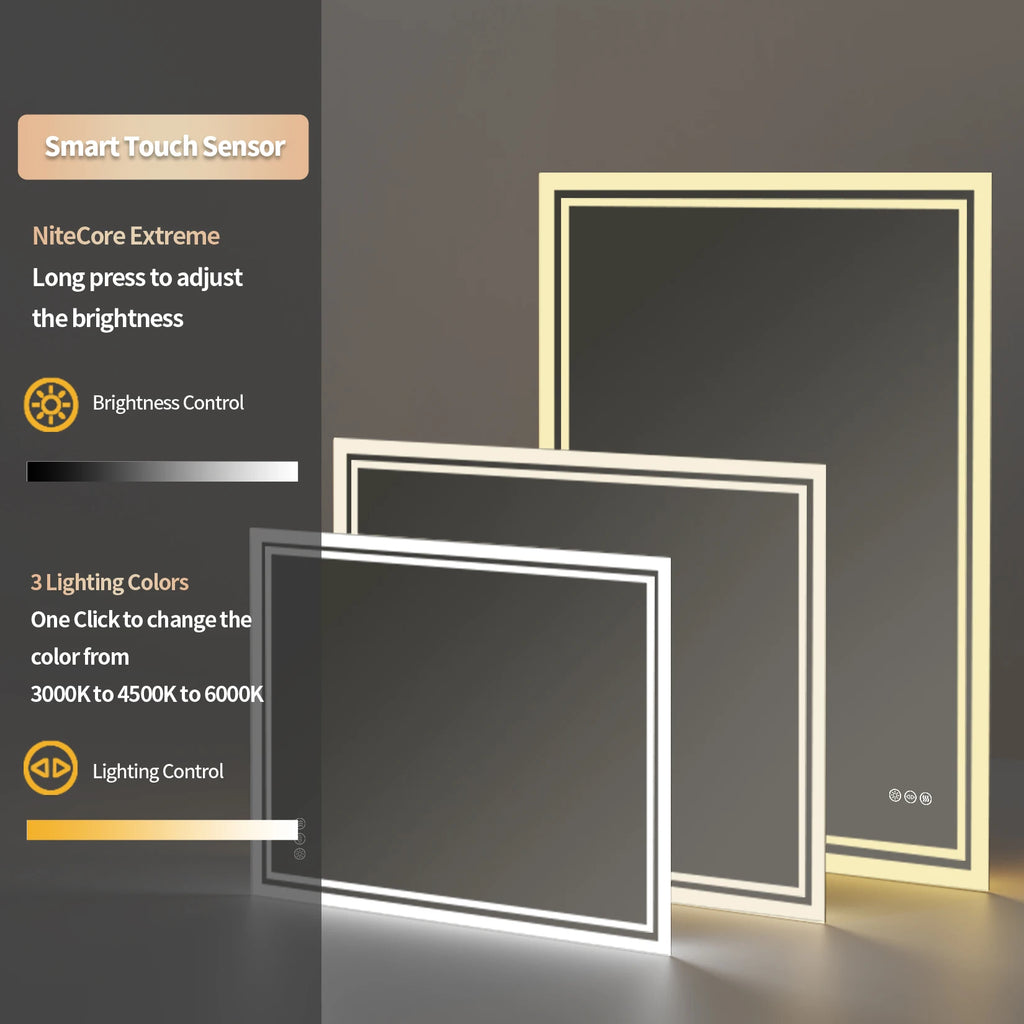 Miroir LED rectangulaire anti-buée – interrupteur tactile, 3 couleurs