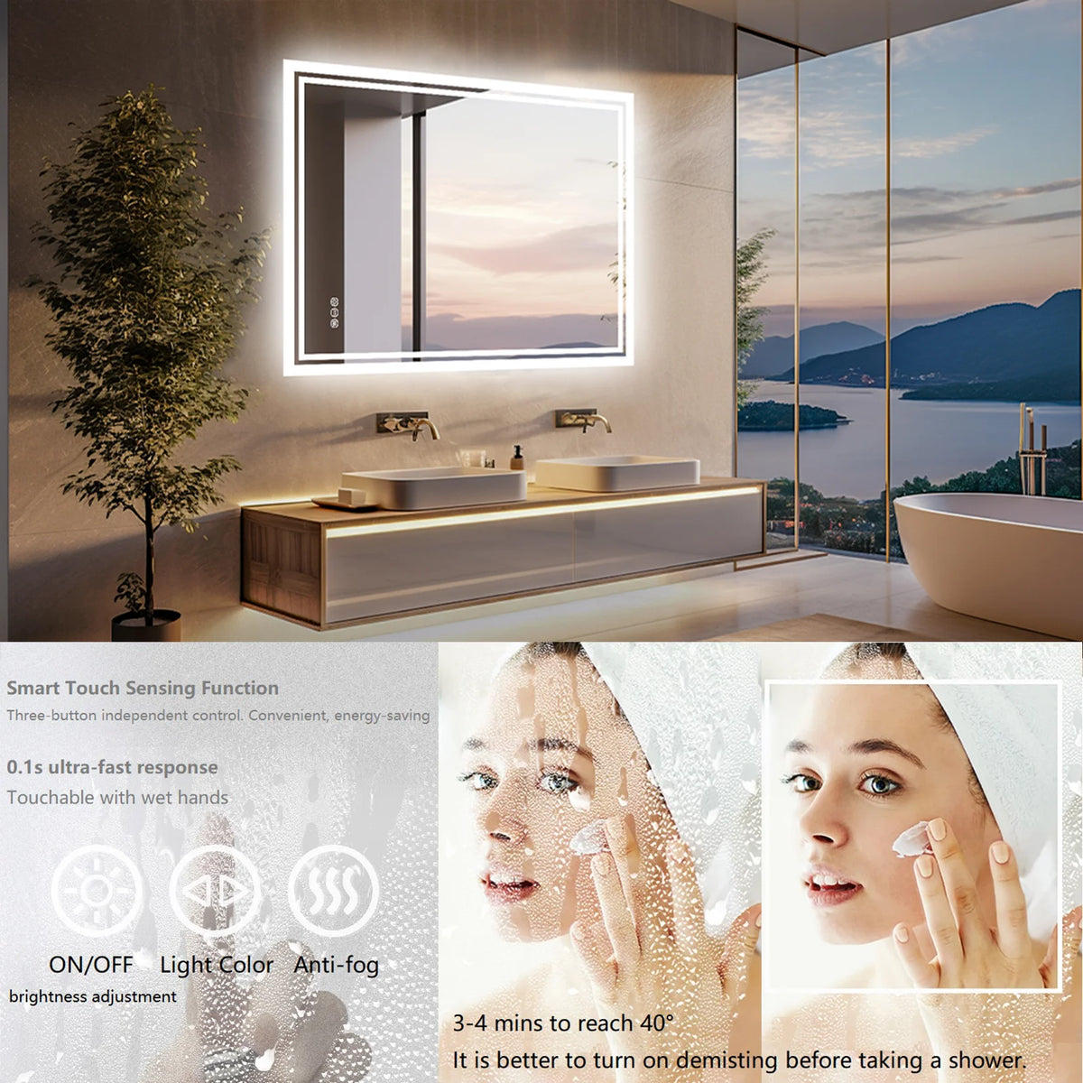 Miroir LED rectangulaire anti-buée – interrupteur tactile, 3 couleurs