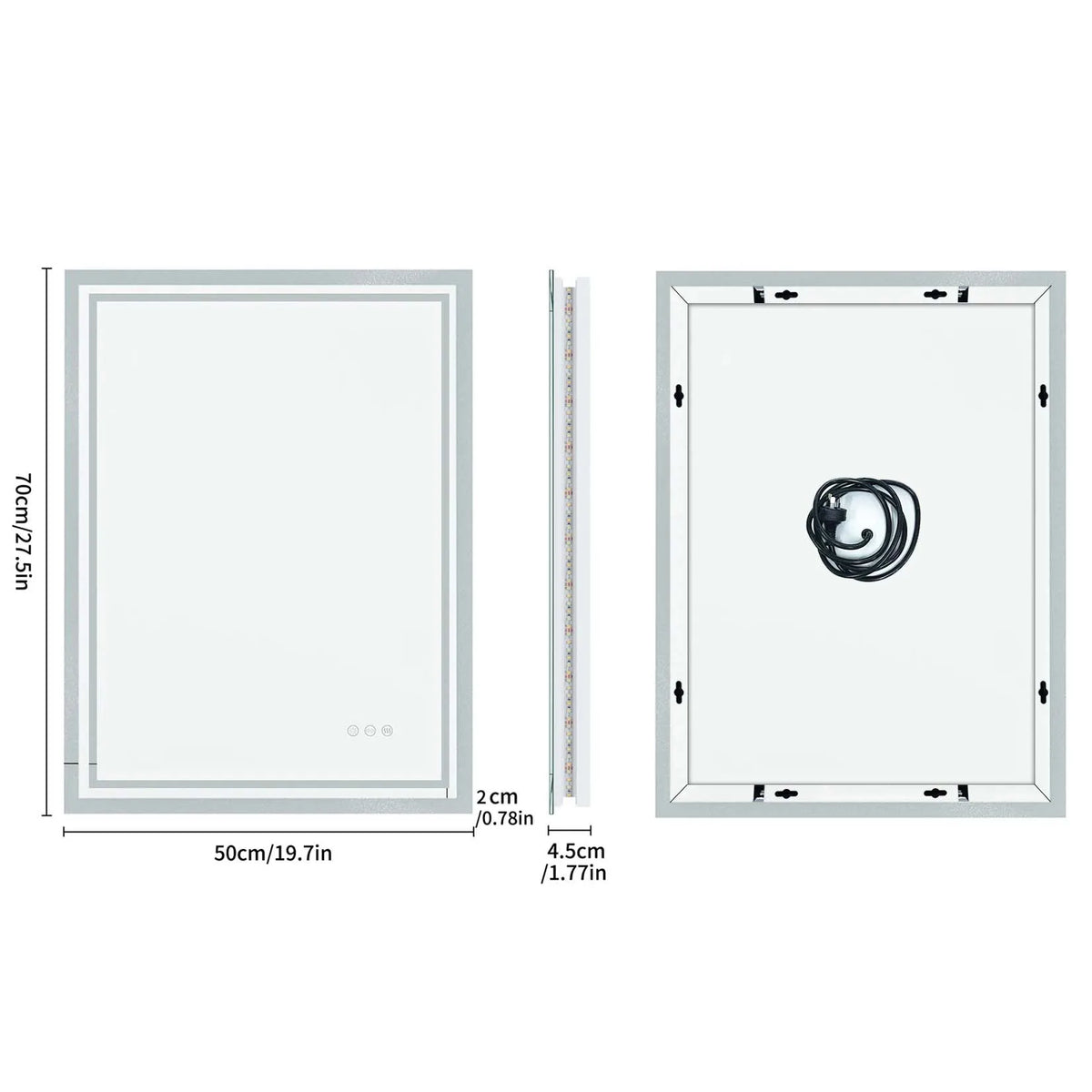 Miroir LED rectangulaire anti-buée – interrupteur tactile, 3 couleurs