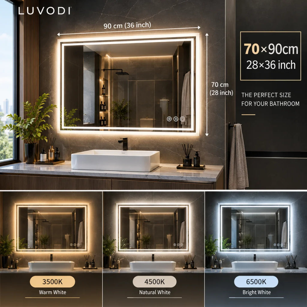 Miroir LED rétroéclairé anti-buée – sans cadre, 3 couleurs de lumière