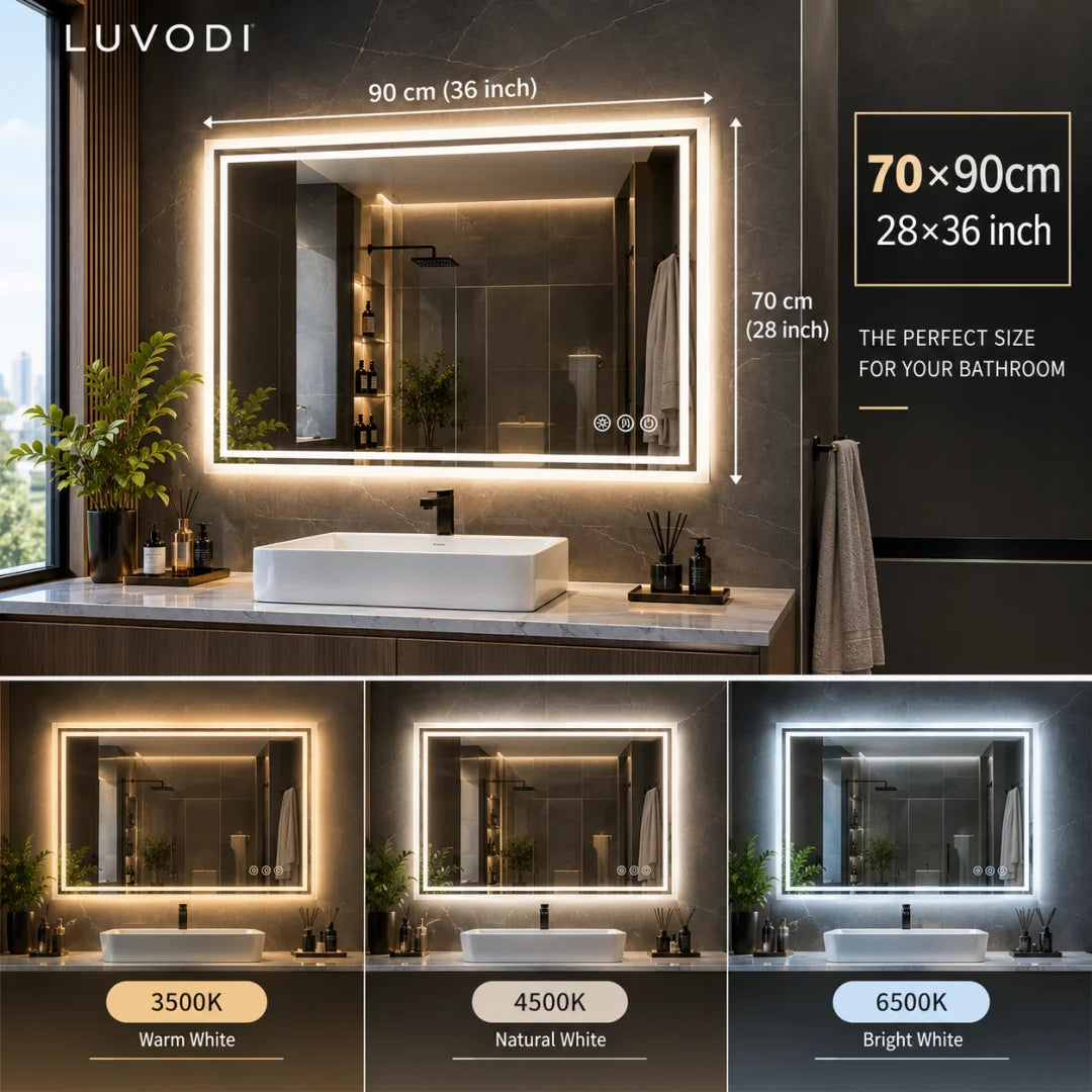 Miroir LED rétroéclairé anti-buée – sans cadre, 3 couleurs de lumière