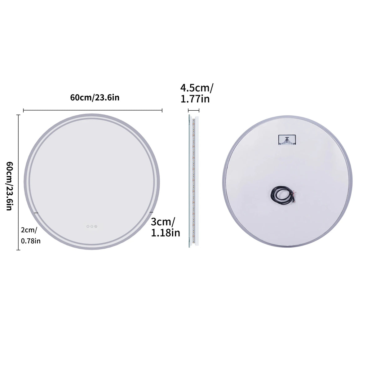 Miroir rond LED anti-buée – écran tactile, Ø 60 ou 80 cm