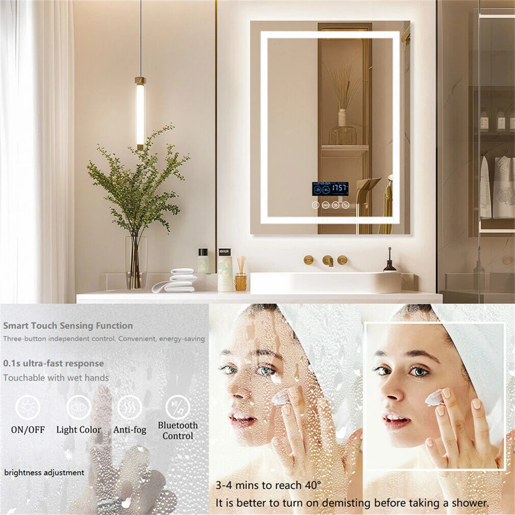 Miroir connecté LED – haut-parleur Bluetooth, horloge, anti-buée